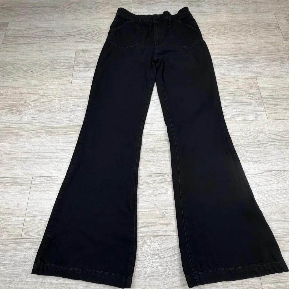 PAIGE Genevieve High Rise Flare Jeans Black Shadow 27 High Waisted Patch Pocket